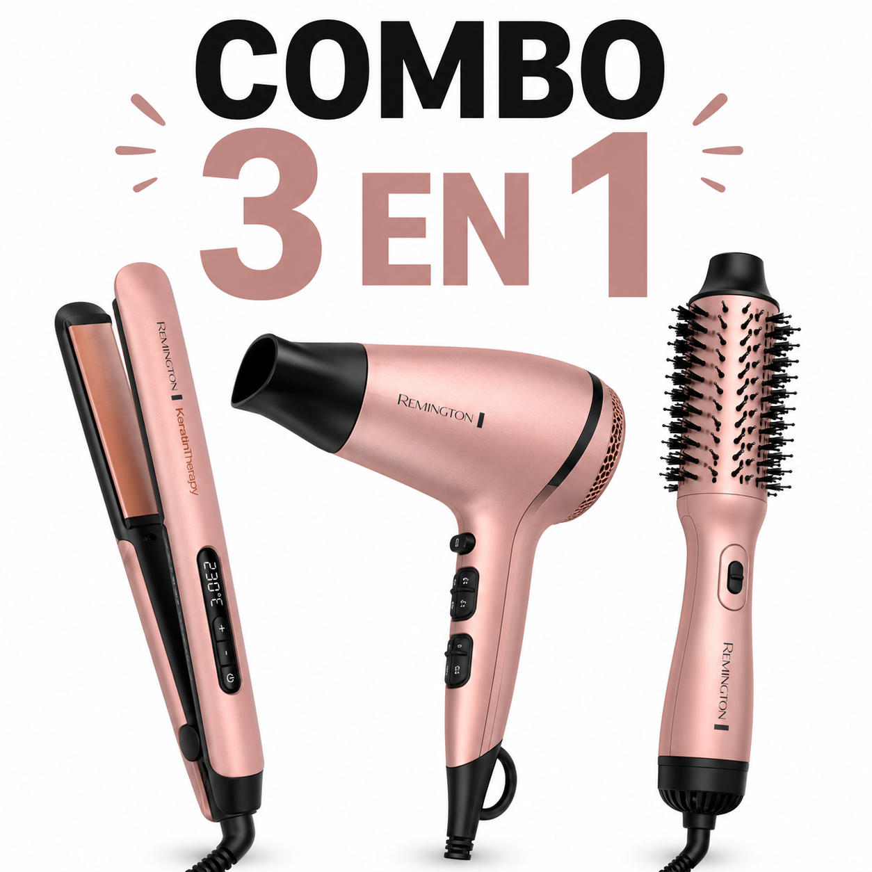 Combo 3 en 1 Plancha + Secadora Remington Keratina y Argán